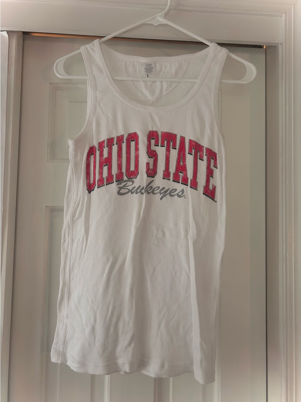 White Vintage-Vibe Ohio State Buckeyes Ribbed Tank Top With Red Logo - Size L